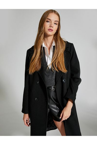 Koton Long Oversize Cashmere Coat Double Breasted Buttoned with Pockets