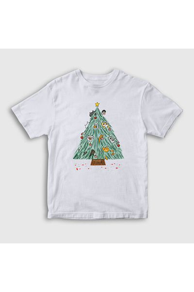 Presmono Tricou de Crăciun pentru copii, pisică albă, pin, unisex269931tt