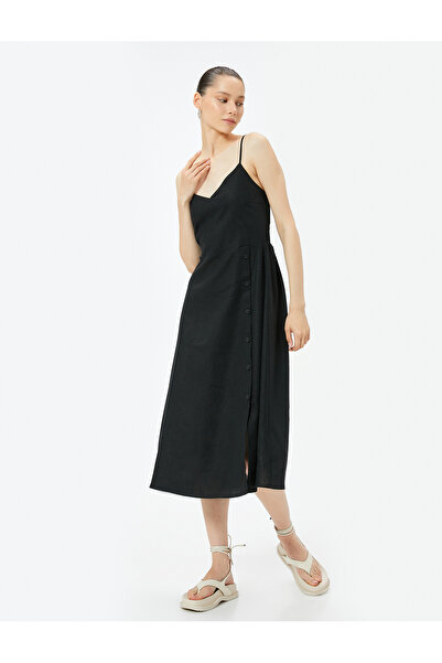 Koton Midi Keten Elbise Kruvaze Yaka Düğme Detaylı İnce Askılı