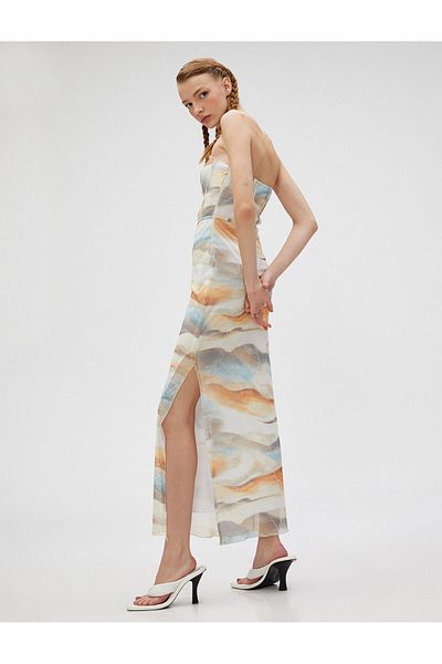 Koton Μακρύ φόρεμα στράπλες με σκίσιμο Batik Λεπτομερής εμφάνιση κορσέ