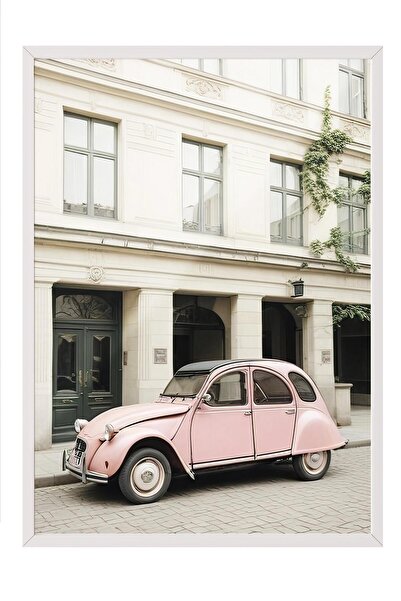 Postifull Pictură înrămată cu mașină retro roz, cadru alb și poster, pictură de perete Seria Comfort NR:108386
