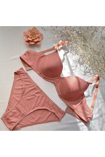KARAZ Diamond Patterned Underwire Unfilled Bra Set - Powder-85-B