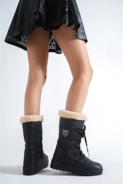 royalmoni Kışlık Suya Dayanıklı Fermuarlı İçi Kürklü Bağcıklı Kadın Bot Siyah
