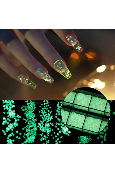 aba nails Fosforlu Karanlıkta Parlayan Tırnak Süsleme Pulları 12'li Set + Taş Tutucu Kalem Nail Art