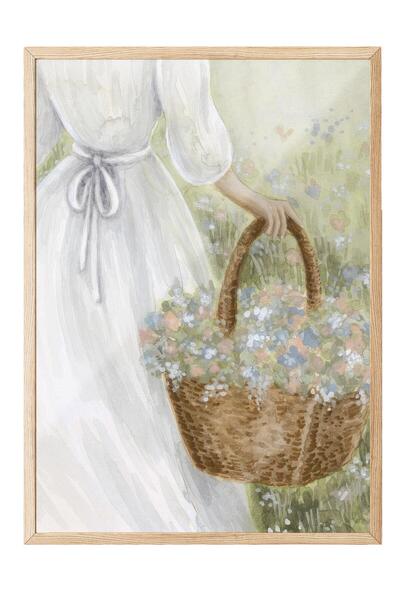Postifull Picking Flowers Framed Painting, Wooden Frame and Poster, Wall Painting Comfort Series No:108545