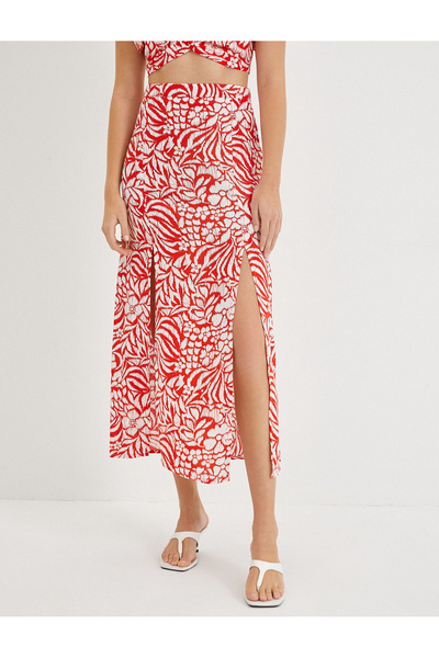 Koton Floral Long Skirt with Front Slit