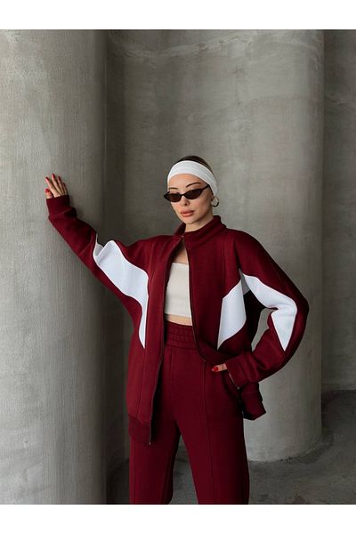 sportiness Oversize 3 Yarn Raised Garnied Zip-Up Bat Sleeve Wide Leg Tracksuit Set