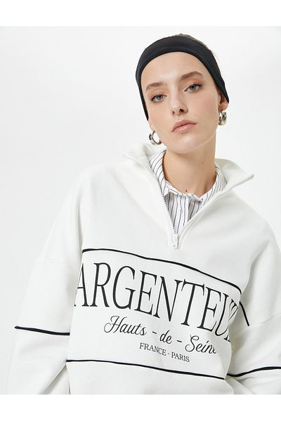 Koton Oversize Sweatshirt Half Zippered Stand Collar Slogan Embroidered