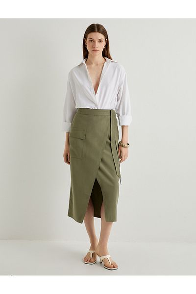 Koton Midi Cargo Skirt with Belt and Slit - Pocket Detail