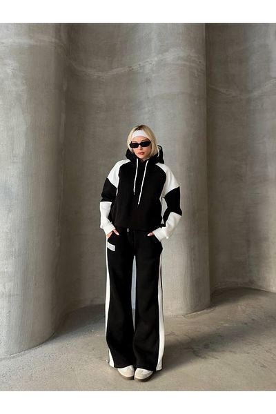 sportiness Embroidered Hooded Oversize Tracksuit Set - 3 Thread Raised, Stripe Detailed