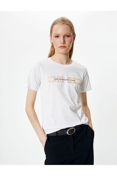 Koton Slogan Printed T-Shirt Short Sleeve Crew Neck Cotton