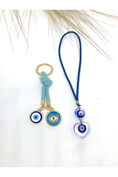 Azrua Ornament de mașină din sticlă în formă de inimă, set de brelocuri pentru mașină și breloc cu șnur turcoaz