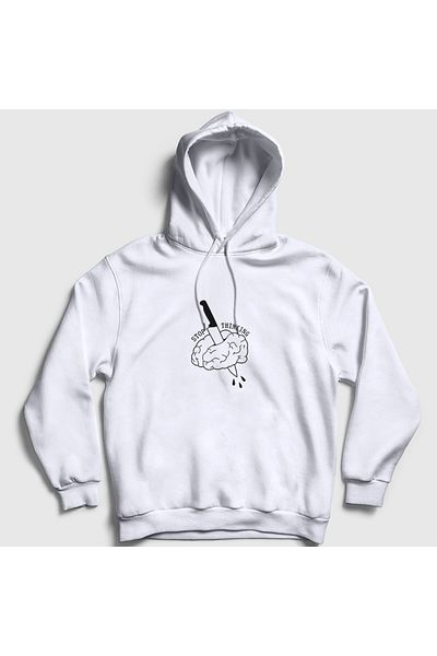 Presmono Unisex Λευκό φούτερ με κουκούλα Stop Thinking 290519 ττ