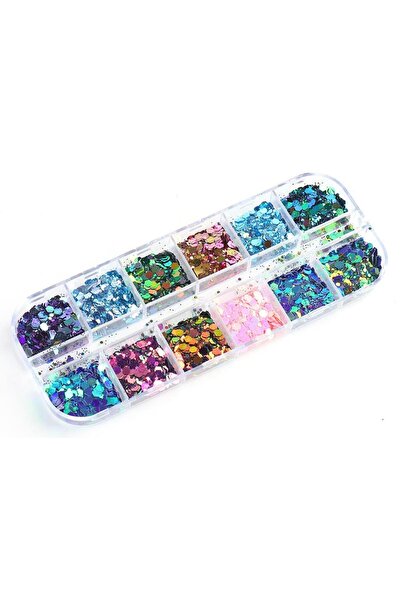 aba nails Parlak Tırnak Süsleme Pulları Renkli Altıgen 12'li Set Nail Art 002