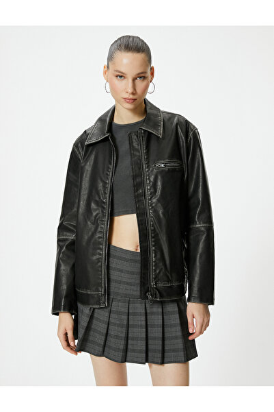 Koton Δερμάτινο μπουφάν Distressed Look Oversize - Γιακάς πουκαμίσου με φερμουάρ και τσέπη