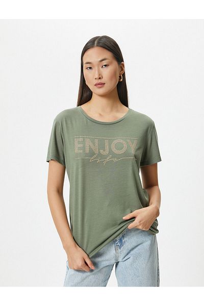 Koton Short Sleeve T-Shirt Printed Jewelled Crew Neck Regular Fit