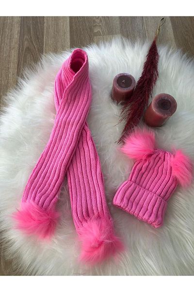 EXTRAÇARŞI Baby Girl Pink Double Pompom Scarf and Beanie Set