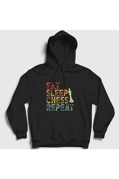 Presmono Унисекс черен суитшърт с качулка Eat Sleep Chess Repeat Chess 332081tt