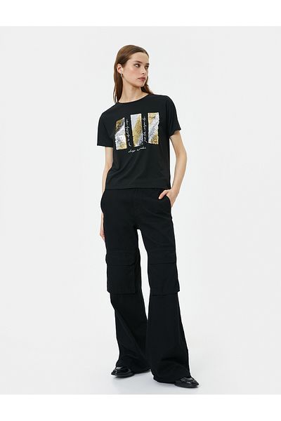 Koton Κοντό μανίκι με παγιέτα T-Shirt Crew Neck