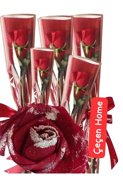 ÇEÇEN HOME (5 τεμάχια) Δώρο Glittered Τεχνητό Ανθισμένο Τριαντάφυλλο Κλαδί Λουλούδι σε Τσάντα 32 cm