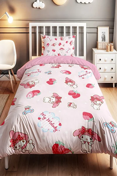 EVPANYA Pink Sweet Strawberries and My Melody Pattern Single Baby Kids Duvet Cover Set
