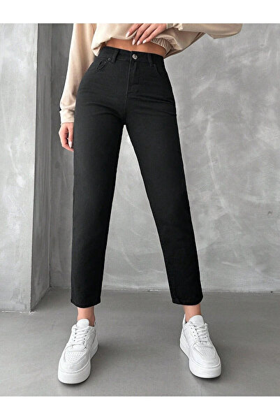 WODDİ Clara Mom Black Jeans High Waist Lycra Extra Stretch Jeans Denim Trousers
