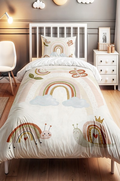 EVPANYA Rainbow and Cute Animals Patterned Single Baby Kids Duvet Cover Set