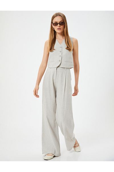 Koton Linen Slim Fit Vest - Striped, Fleto Pocket Detail, V-Neck