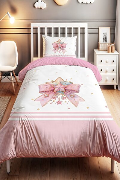 EVPANYA Pembe Yıldızlı Fiyonk Desenli Tek Kişilik Bebek Çocuk Nevresim Seti