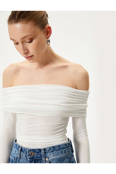 Koton Bluse mit Madonna-Ausschnitt, schulterfrei, drapiert, lange Ärmel