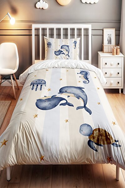 EVPANYA Mavi Krem Şeritli Denizaltı Desenli Tek Kişilik Bebek Çocuk Nevresim ...