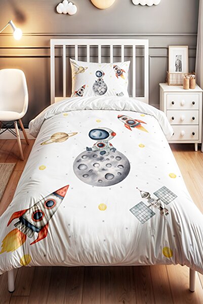 EVPANYA Aydaki Astronot Desenli Tek Kişilik Bebek Çocuk Nevresim Seti