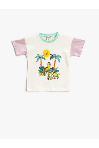 Koton Summer Themed Embroidered T-Shirt Short Sleeve Cotton