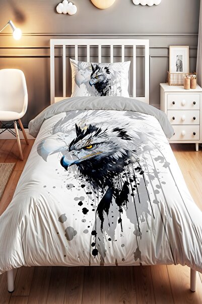 EVPANYA Siyah Beyaz Kartal Desenli Tek Kişilik Bebek Çocuk Nevresim Seti