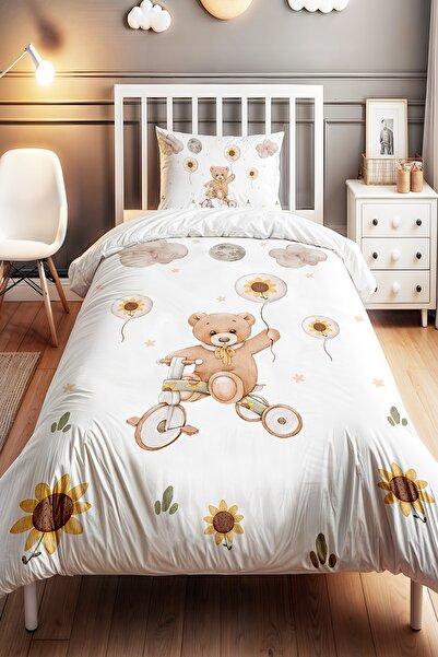 EVPANYA Bisikletli Ayıcık ve Papatyalar Desenli Tek Kişilik Bebek Çocuk Nevre...