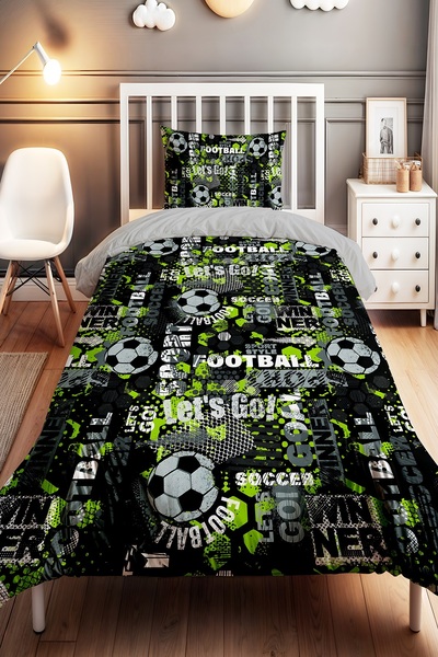 EVPANYA Gri Yeşil Futbol Desenli Tek Kişilik Bebek Çocuk Nevresim Seti