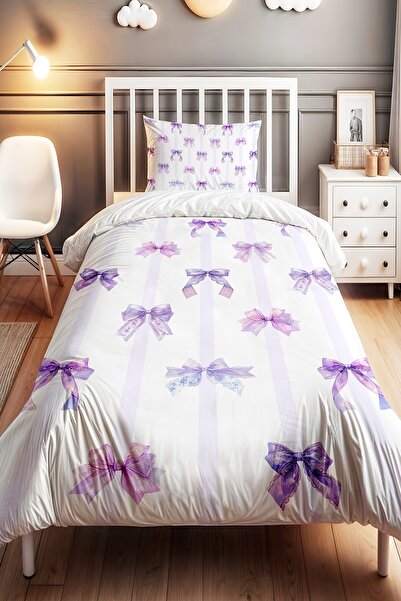 EVPANYA Mor Şeritli Fiyonklar Desenli Tek Kişilik Bebek Çocuk Nevresim Seti