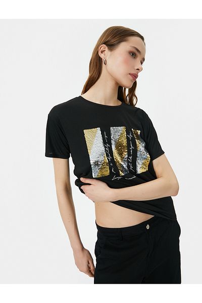 Koton Κοντό μανίκι με παγιέτα T-Shirt Crew Neck