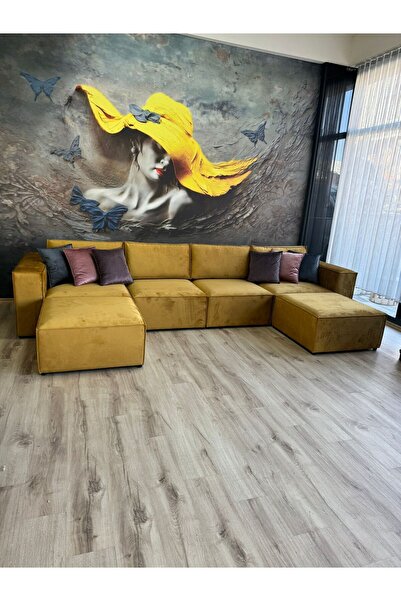 DREAM GARDEN Angelo 4 Modül + 2 Puf Köşe Koltuk Takımı Bayb Face Kadife Safran
