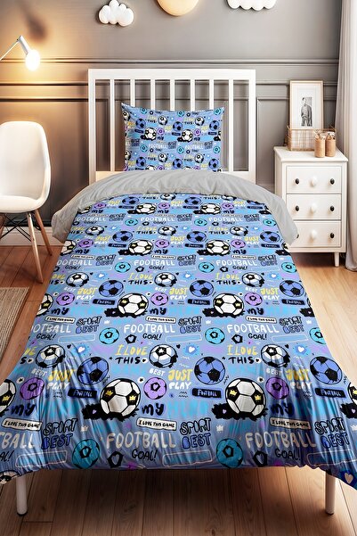 EVPANYA Mavi Yazılı Futbol Topları Desenli Tek Kişilik Bebek Çocuk Nevresim Seti