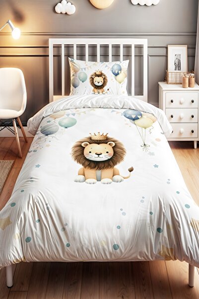 EVPANYA Sevimli Kral Aslan Desenli Tek Kişilik Bebek Çocuk Nevresim Seti