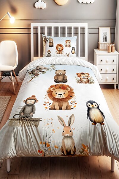 EVPANYA Blue Cream Cute Animals Patterned Single Baby Kids Duvet Cover Set