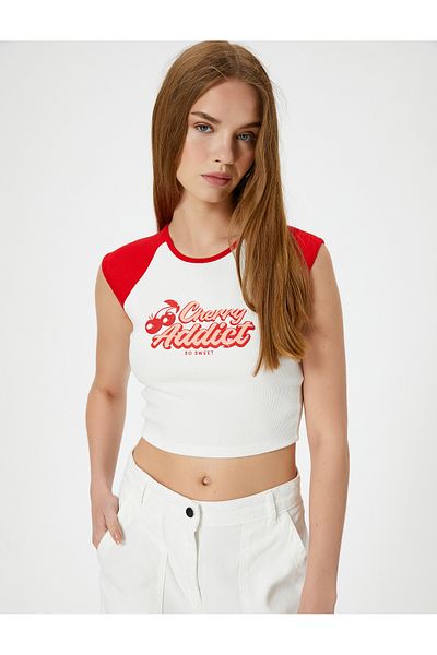 Koton Cherry printed Crop T-shirt Color Block Αμάνικο Crew λαιμόκοψη