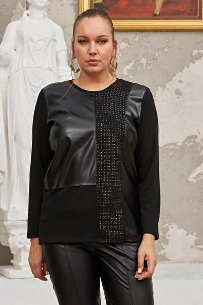 Imagine Giyim Plus Size Women's Black Stylish Blouse with Leather Garnish and Stone Detail – a Timeless Elegance