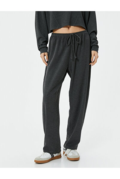 Koton Beli Bağcıklı Pantolon Bürümcük Kumaş Normal Bel