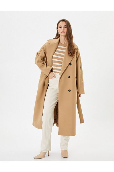 Koton Long Cashmere Coat with Buttons, Double Breasted, Belted Waist, Pockets