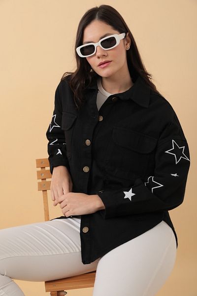 Asist Double Pocket Buttoned Star Print Detail Women's Black Shirt - 0390