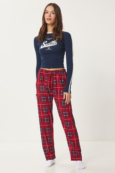 Lovelyİstanbul Soft Textured Patterned Pajama Bottom - Red Navy Blue Lce0002