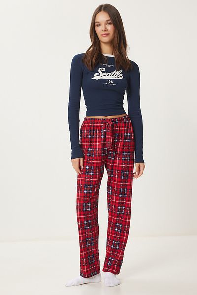Lovelyİstanbul Soft Textured Patterned Pajama Bottom - Red Navy Blue Lce0002
