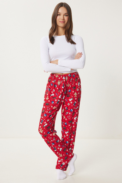 Lovelyİstanbul Red and White Patterned Soft Knitted Sleepwear Bottom - Lce0002